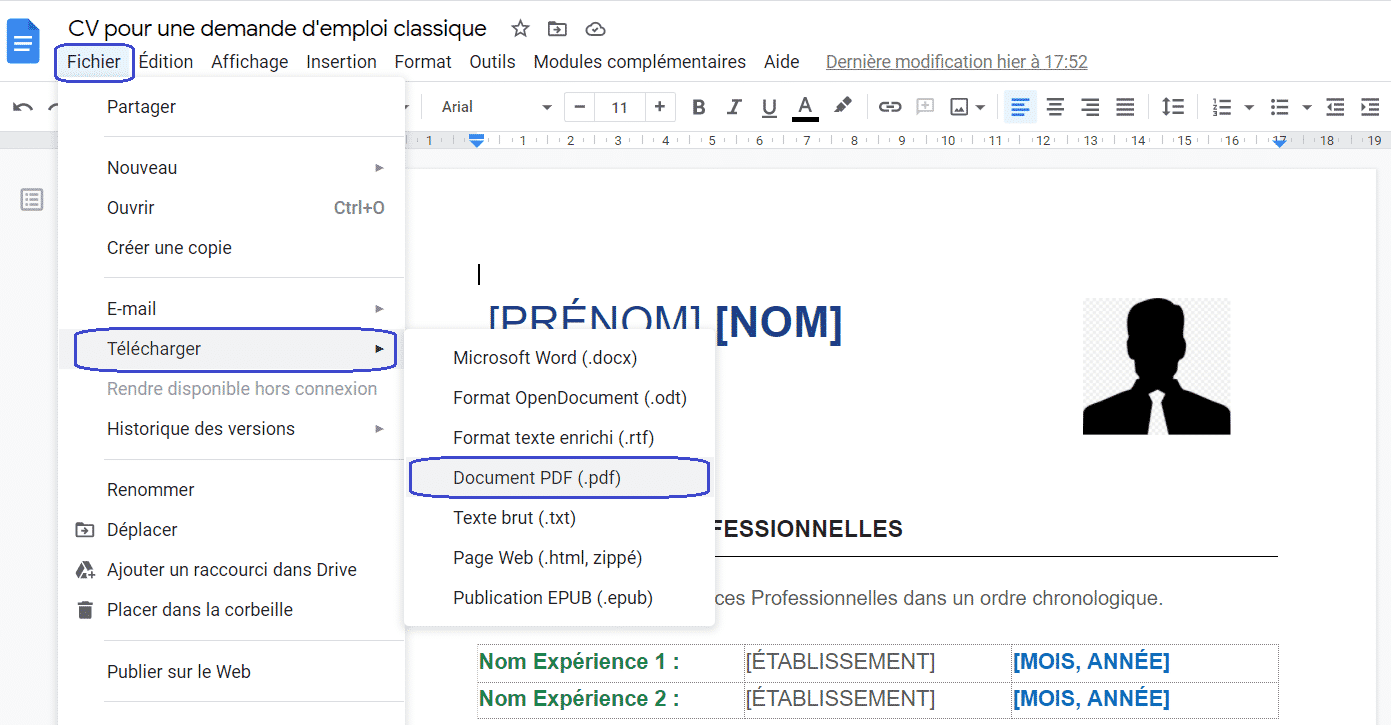 Comment télécharger un CV Word - Google Doc - en format PDF